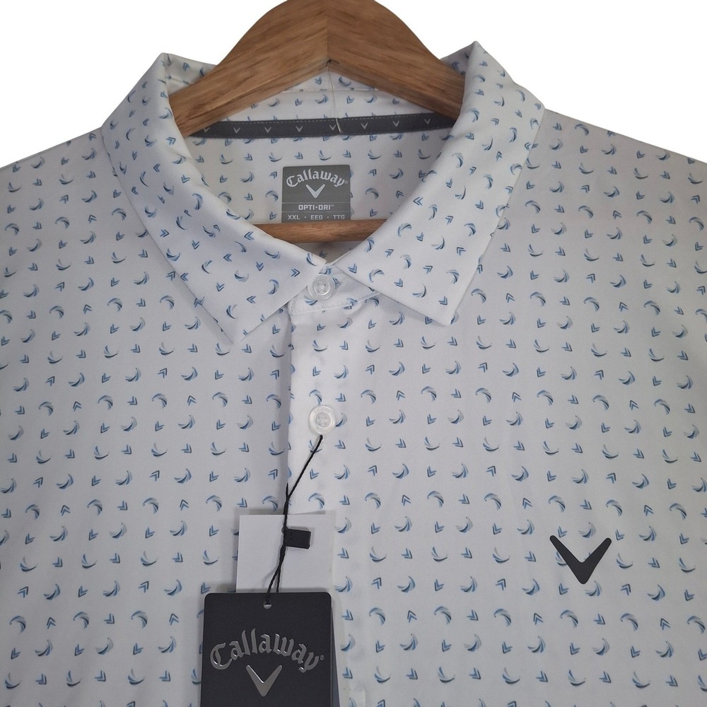 Callaway Opti-Dri Mens XXL Polo Shirt White Blue Geometric Print Golf NWT